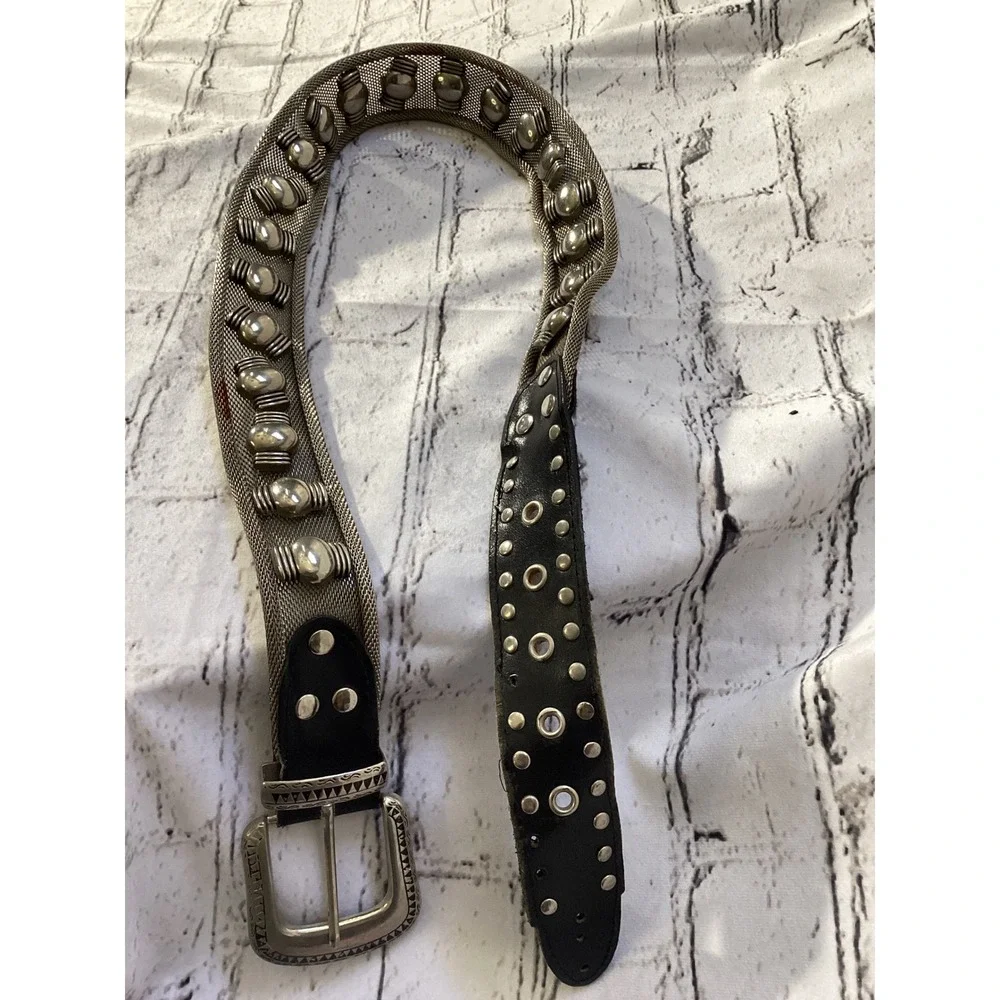 Vintage Western Metal Mesh Studded Leather Belt Silver Black Size 32 1514